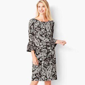 Talbots Paisley Print Shift Dress with Bell Sleeves Black & White 4 Small